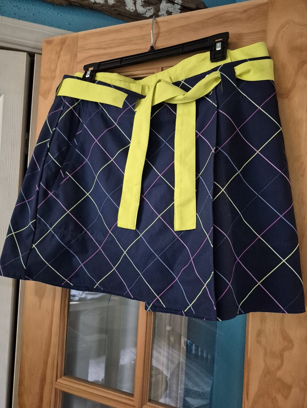 Nike Golf Navy Grid Skirt with Neon Yellow Waist Tie